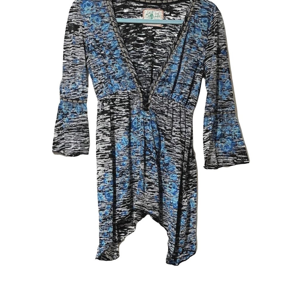 Free People women's size S gray/black/blue v neck ribbon accents bell sleeve top - Picture 1 of 9